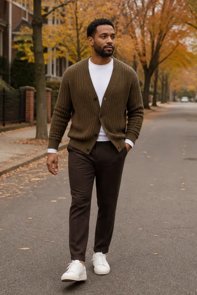 Olive-brown cardigan over white tee with dark brown tapered pants and white sneakers