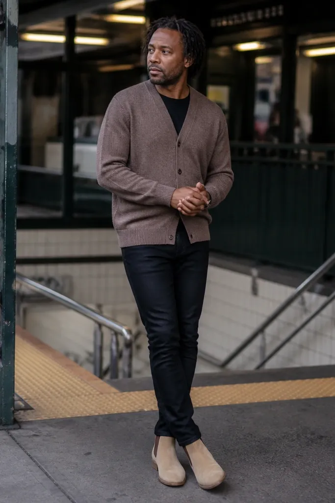 Mocha cardigan over dark top with black skinny jeans and beige chelsea boots