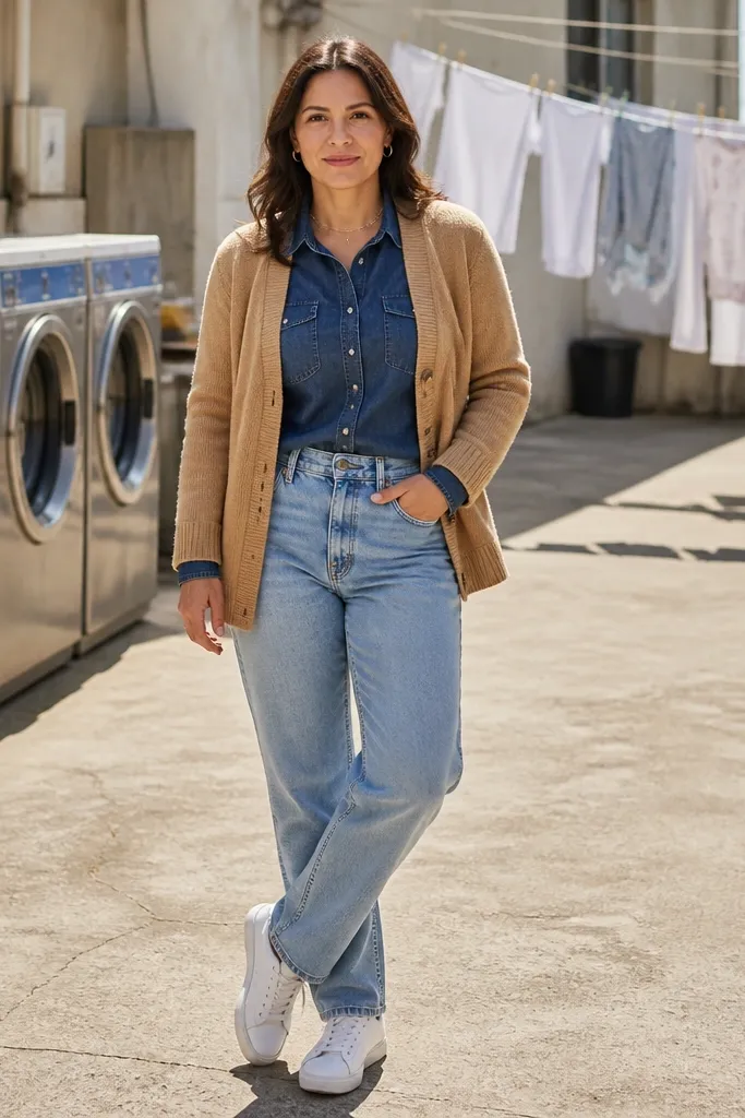 Tan cardigan over navy chambray shirt with light-wash jeans and brown sneakers