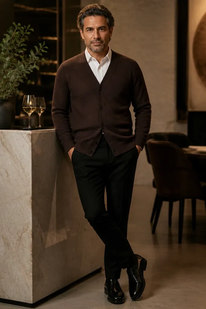 Dark brown cardigan over white dress shirt with black slim trousers and black oxfords