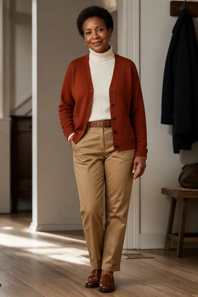 Rust cardigan over cream turtleneck with camel chinos and brown loafers