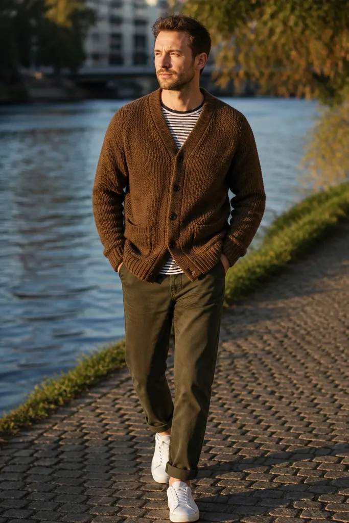 Medium-brown cardigan over striped tee with dark olive jeans and white sneakers