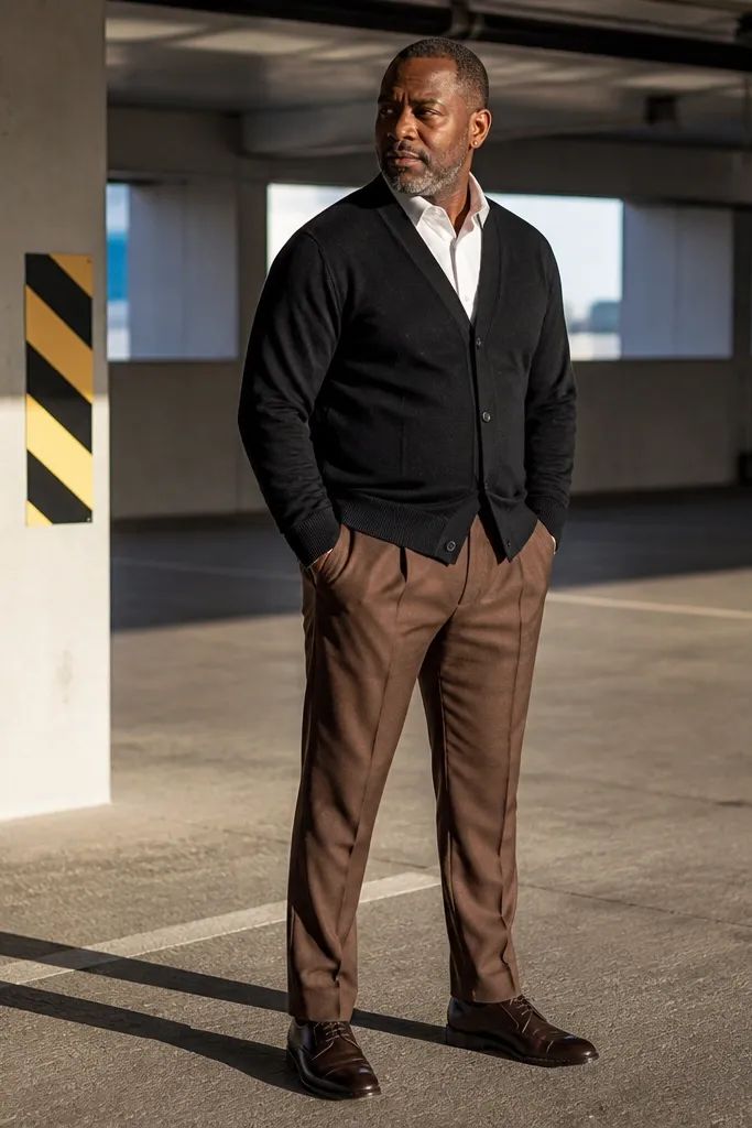 Black cardigan over white shirt with brown trousers and black leather shoes