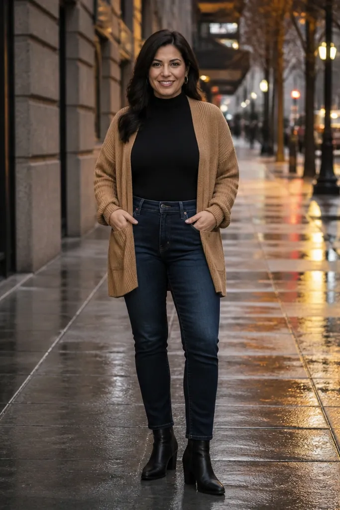 Tan cardigan over black turtleneck with dark denim jeans and brown boots