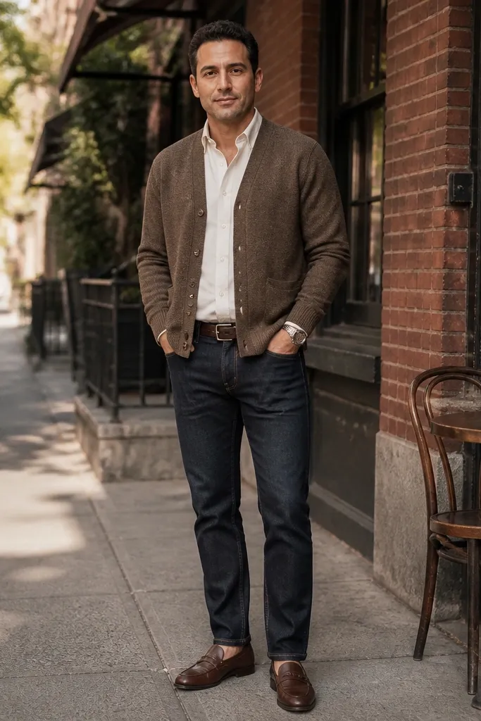 Mocha cardigan over off-white shirt with navy jeans and brown loafers