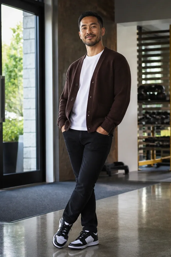 Espresso cardigan over white shirt with black jeans and black-and-white sneakers