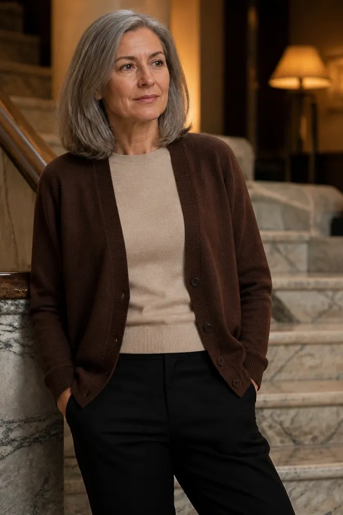 Cocoa cardigan over beige crewneck with black trousers and dark brown loafers