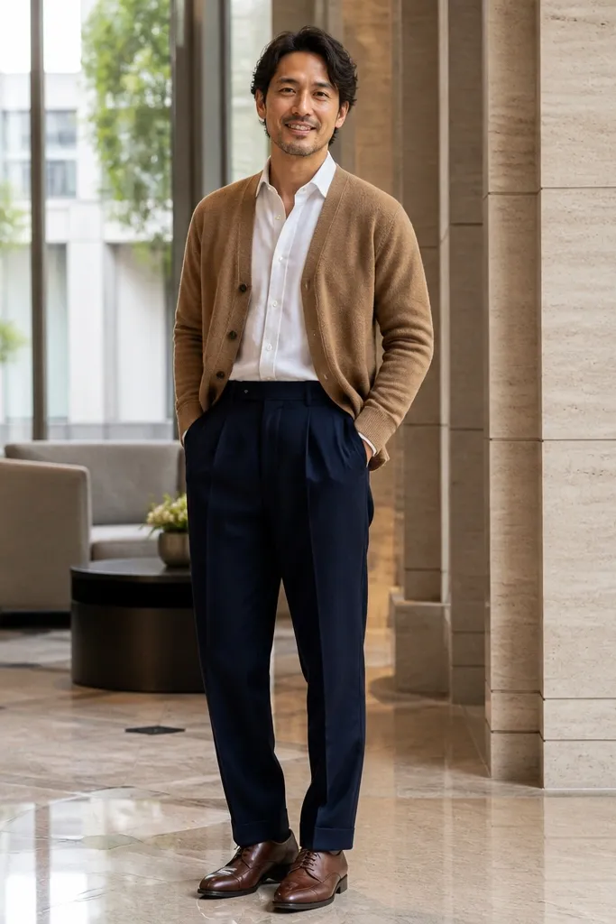 Tan cardigan over white shirt with navy pleated trousers and brown derbies