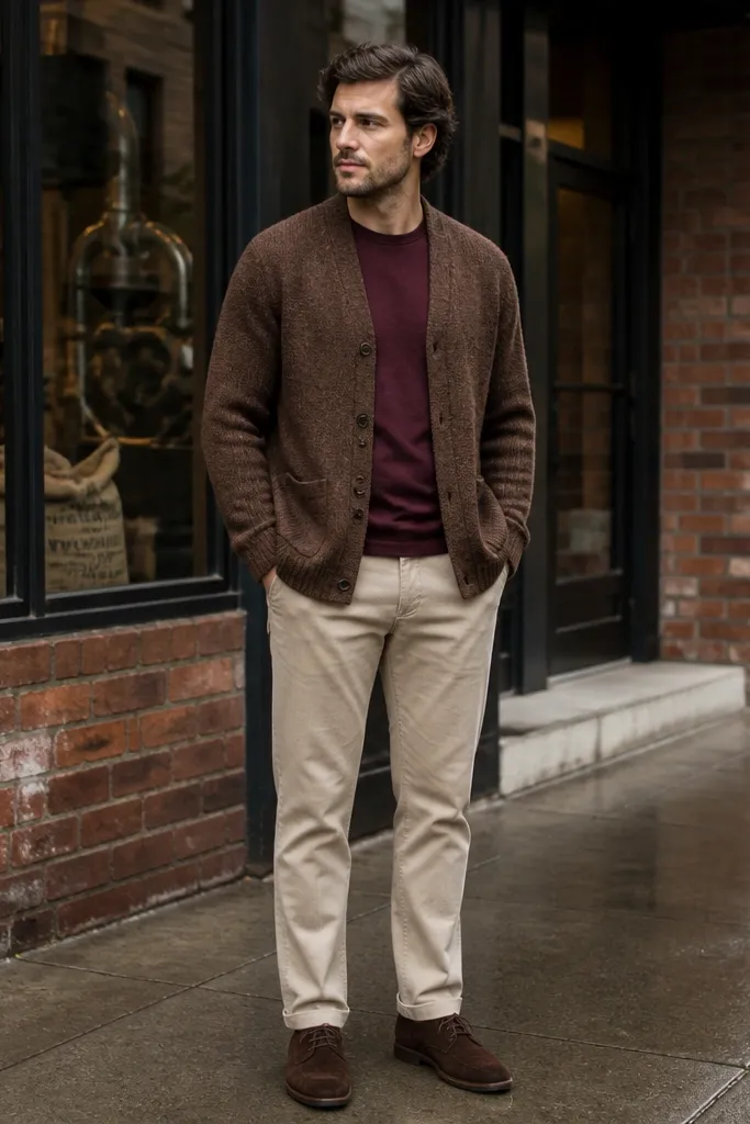 Chestnut cardigan over burgundy tee with sand chinos and white sneakers