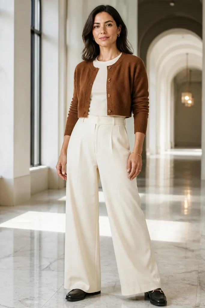 Cognac cropped cardigan with cream wide-leg trousers and black loafers