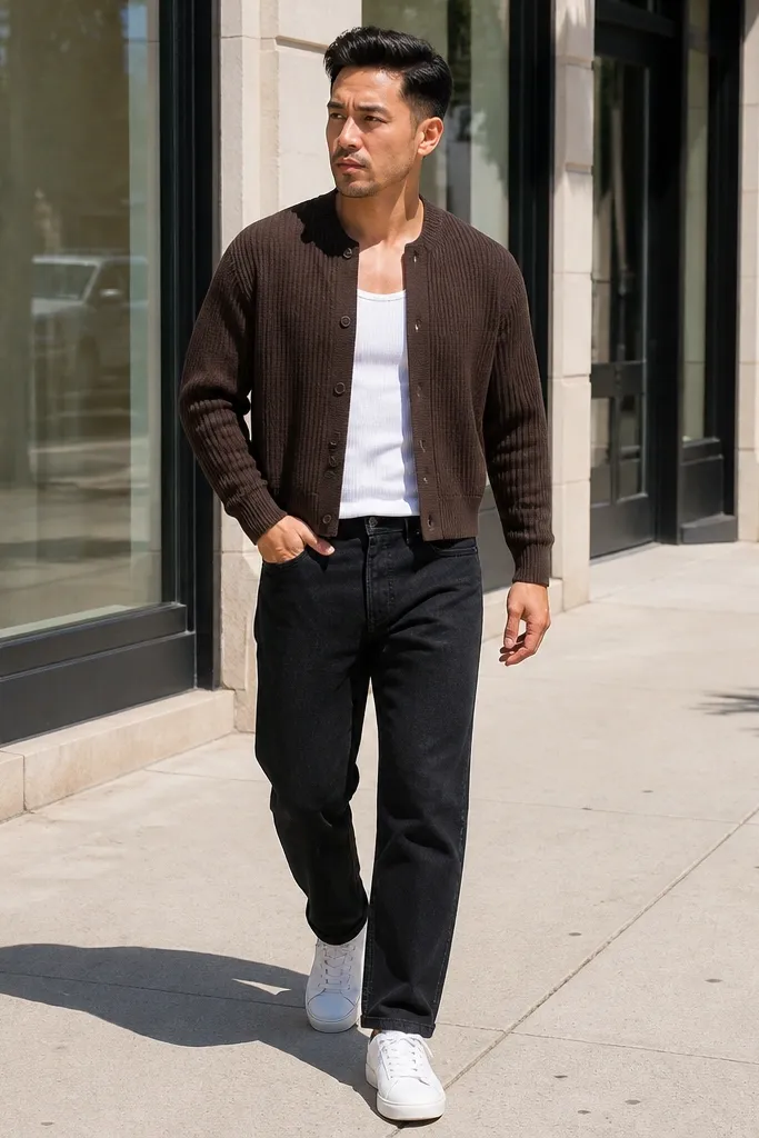 Espresso cropped cardigan over a white tank with black straight jeans and white sneakers