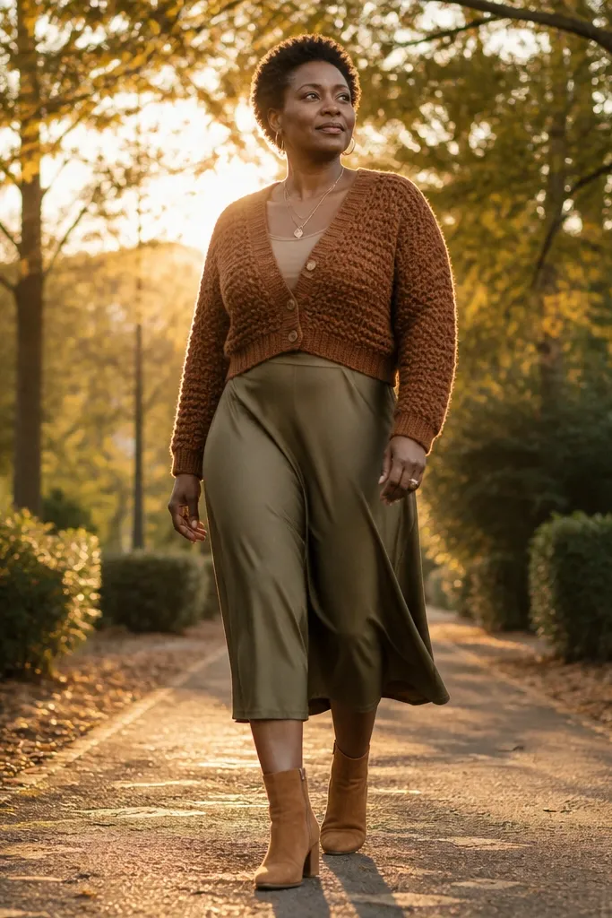 Rust-brown cropped cardigan with an olive midi skirt and tan ankle boots