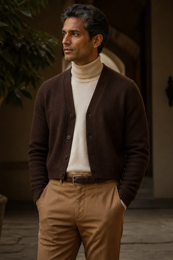 Chocolate cropped cardigan over an oatmeal turtleneck with camel chinos and a brown belt