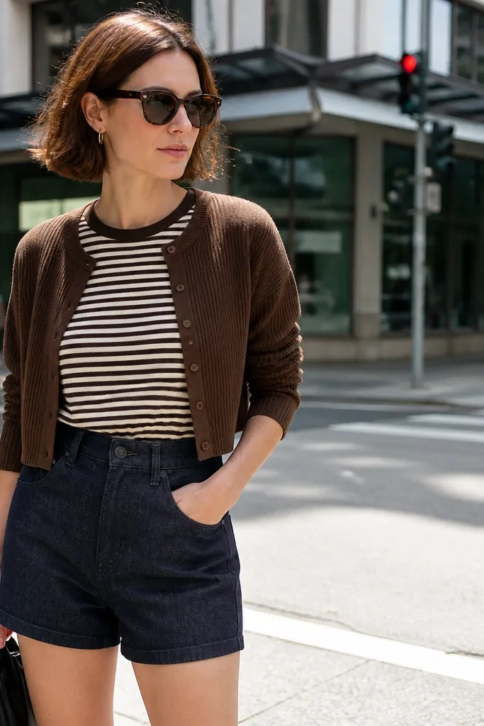 Brown cropped cardigan over a striped tee with dark denim shorts and black mules