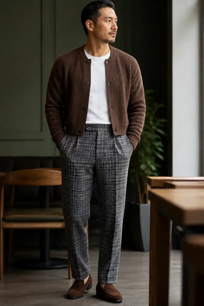 Espresso cropped cardigan with gray plaid trousers, white tee, and brown loafers