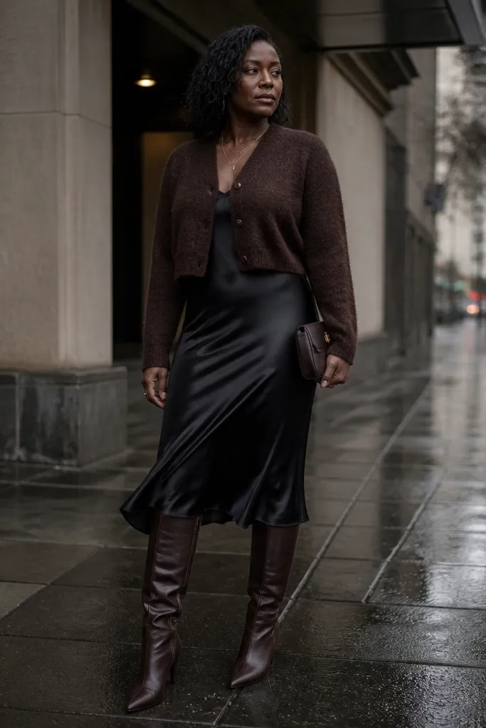 Cocoa cropped cardigan over a black slip dress with knee-high boots