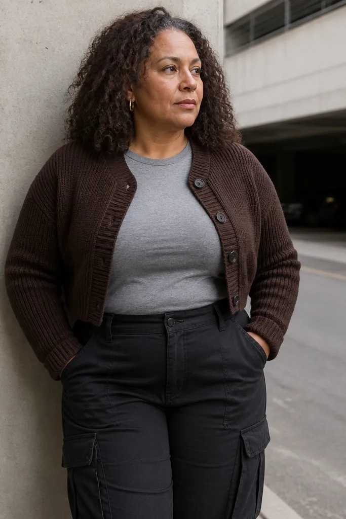 Dark brown cropped cardigan over a fitted gray tee with black cargo pants