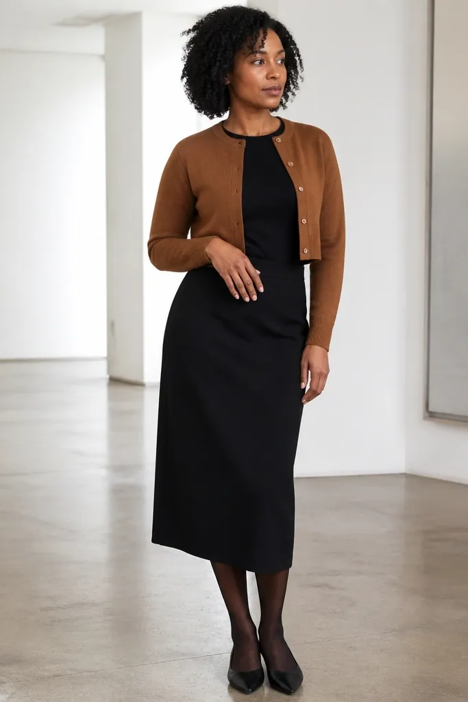 Caramel cropped cardigan over a black midi skirt with sheer black tights and pointed flats