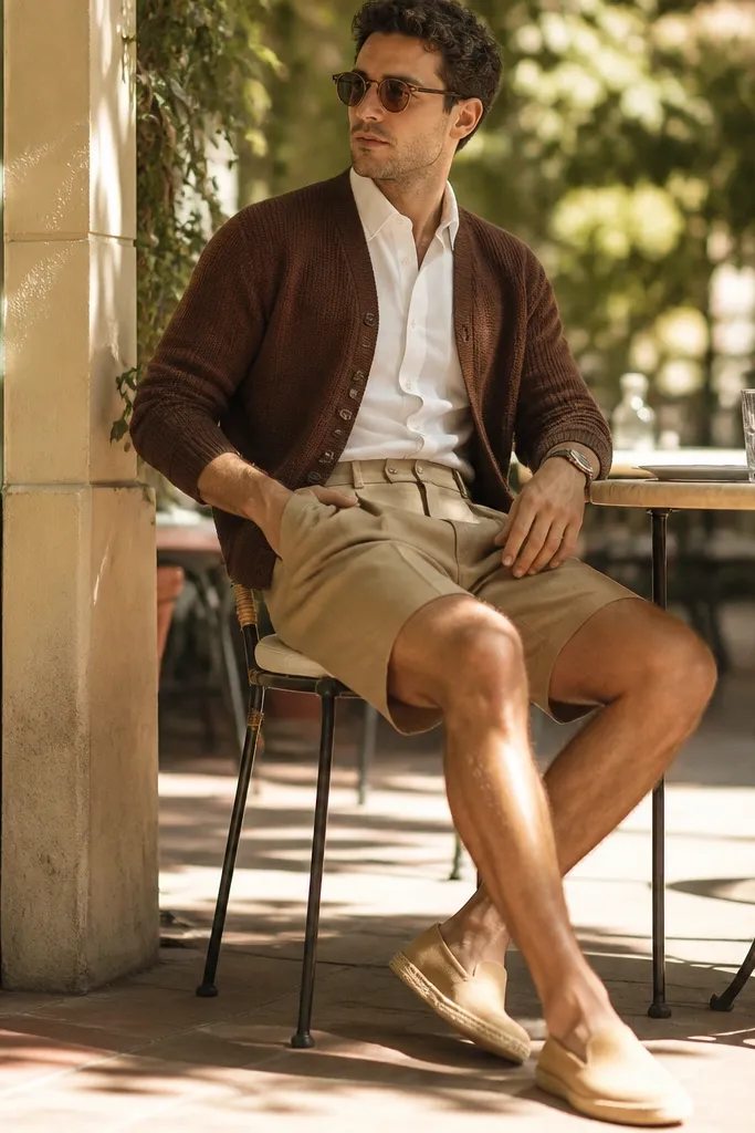 Brown cropped cardigan over a white button-up with tan pleated shorts and espadrilles