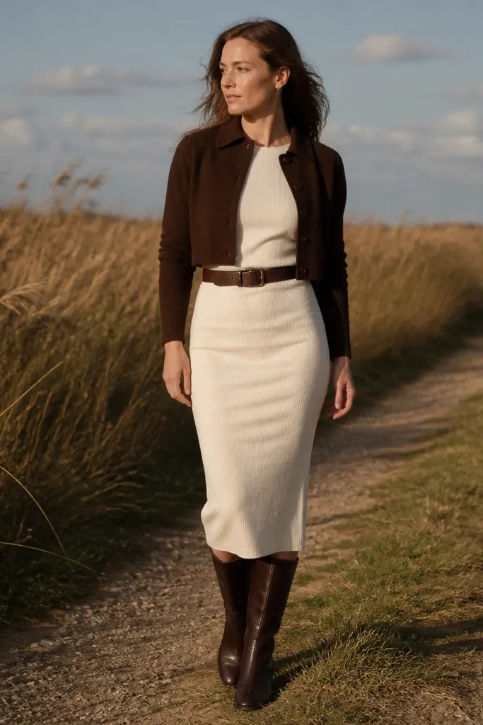 Espresso cropped cardigan over a cream knit dress with a brown belt and riding boots