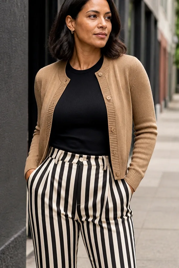 Light brown cropped cardigan with black-and-cream striped pants and clean sneakers
