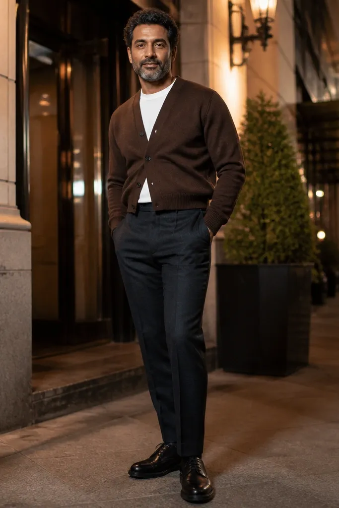 Walnut cropped cardigan over a white tee with charcoal suit trousers and black derbies