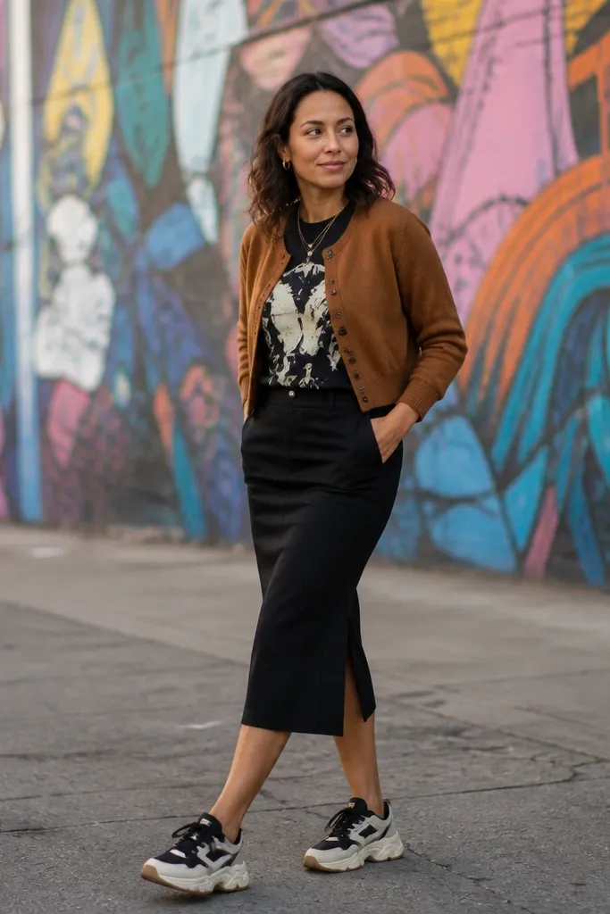 Caramel cropped cardigan over a graphic tee with a black straight skirt and chunky sneakers