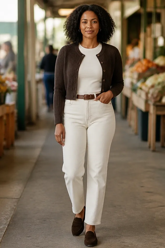 Espresso cropped cardigan over a fitted top with cream jeans, brown belt, and dark suede loafers