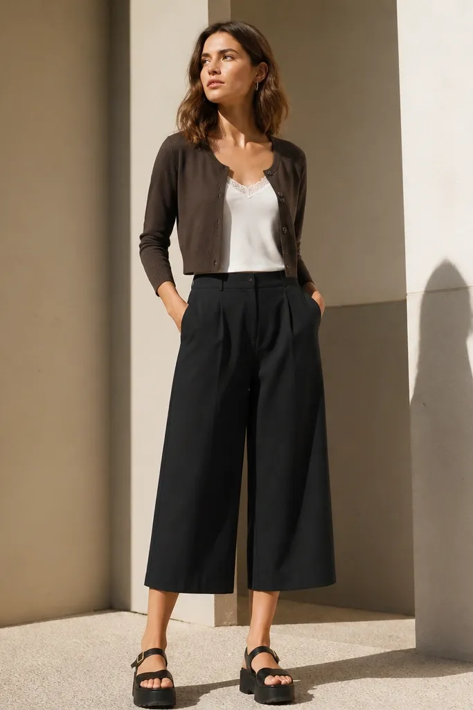 Dark brown cropped cardigan with a white camisole, black high-waist culottes, and platform sandals