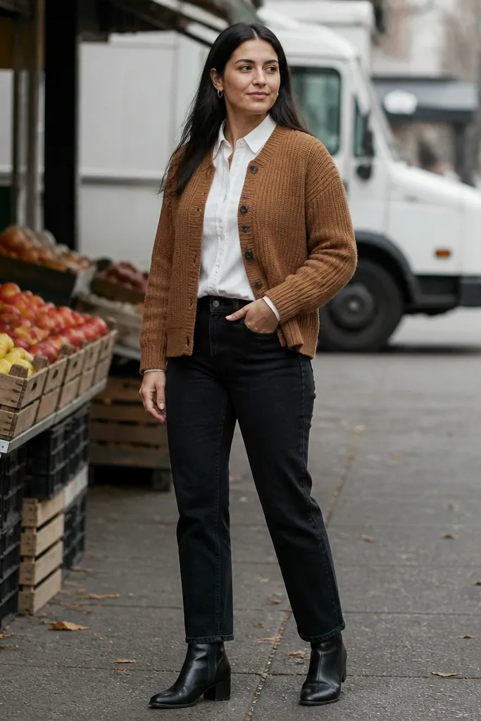 Caramel knit cardigan over a white button-down with dark jeans and brown leather loafers