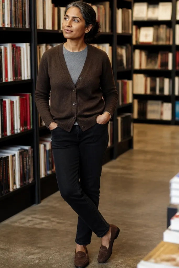 Chocolate knit cardigan over a heather gray crewneck with black jeans and black-and-brown boots