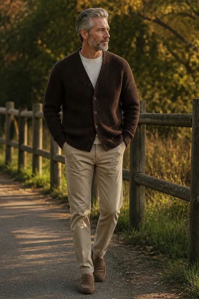 Espresso knit cardigan over a cream t-shirt with khaki chinos and tan suede loafers