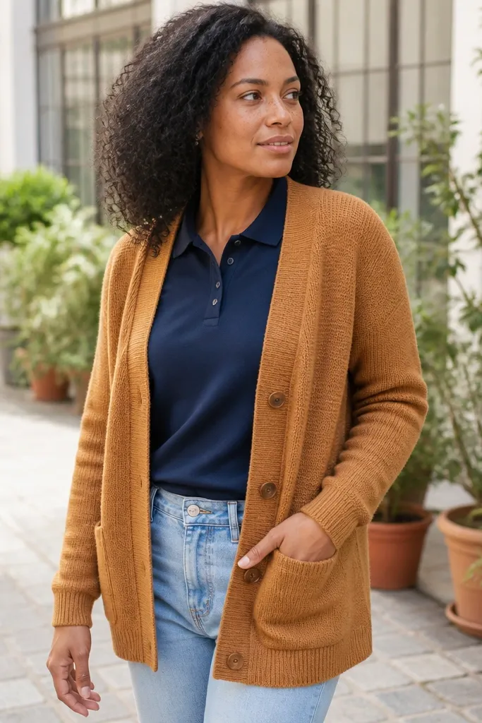 Caramel knit cardigan over a navy polo with light wash jeans and white leather sneakers