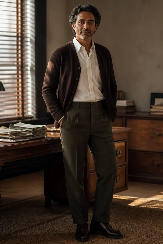Chocolate knit cardigan over a white button-up with olive trousers and brown leather dress shoes
