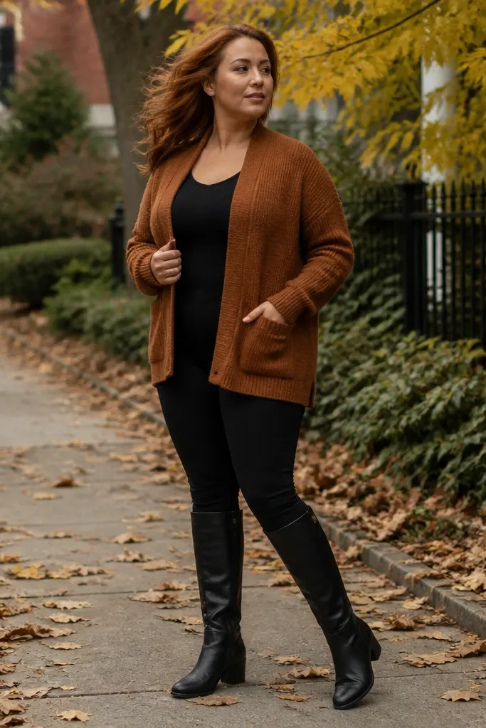 Rust-brown knit cardigan over a fitted black top with black leggings and tall brown boots