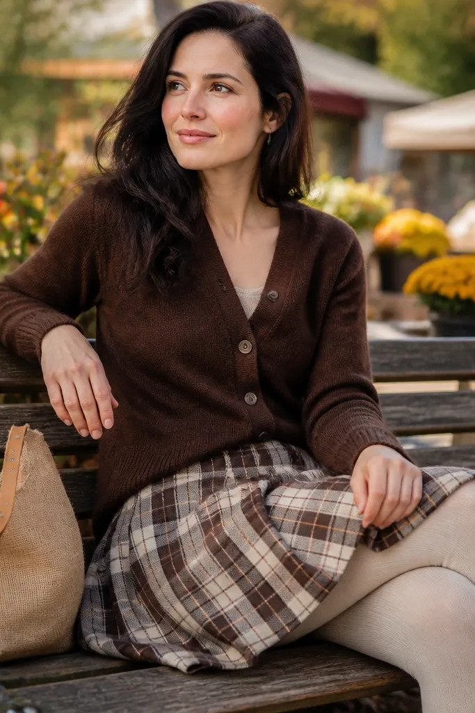 Espresso knit cardigan over a plaid skirt with cream tights and brown ankle boots