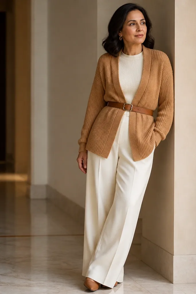 Caramel knit cardigan over a white top with wide-leg white trousers and a tan leather belt