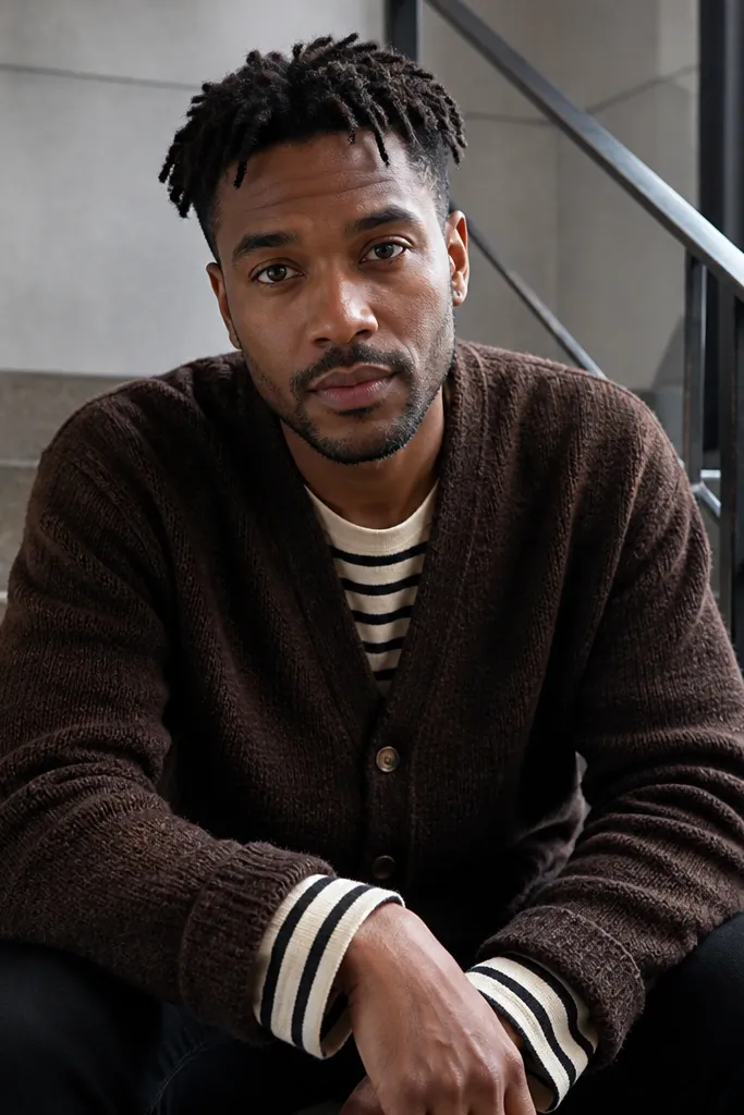 Dark brown knit cardigan over a black-and-white striped long sleeve with black jeans and dark sneakers
