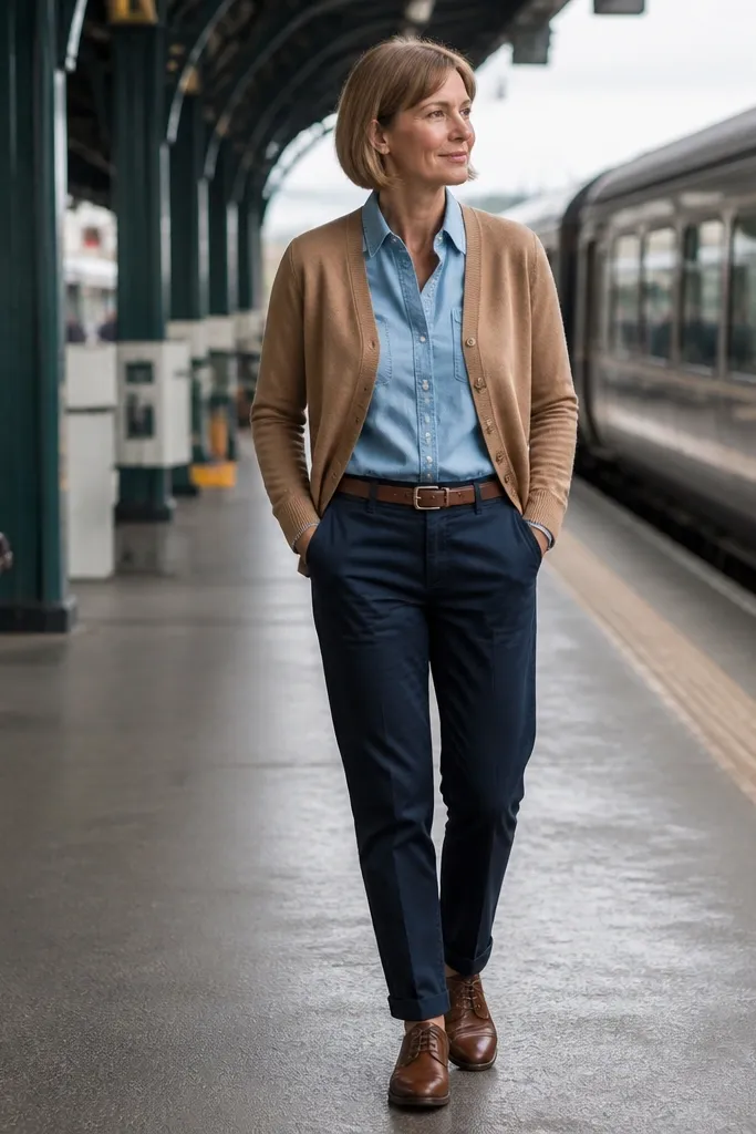 Camel knit cardigan over a light blue chambray shirt with navy chinos and brown leather shoes