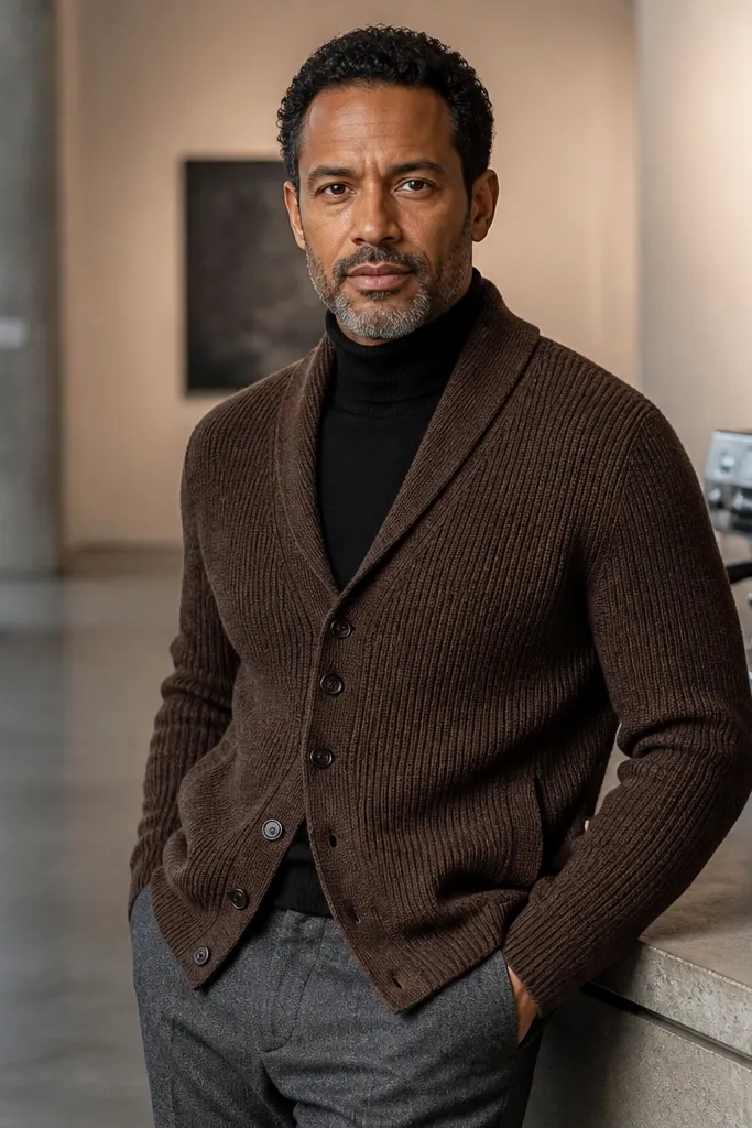 Brown knit cardigan over a black turtleneck with gray wool trousers and black leather boots