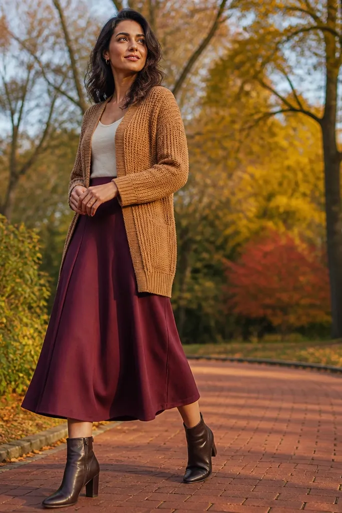 Caramel knit cardigan over a burgundy midi skirt with brown ankle boots