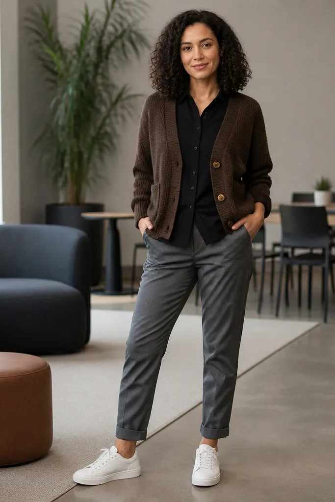 Espresso knit cardigan over a black button-up with gray chinos and dark leather shoes