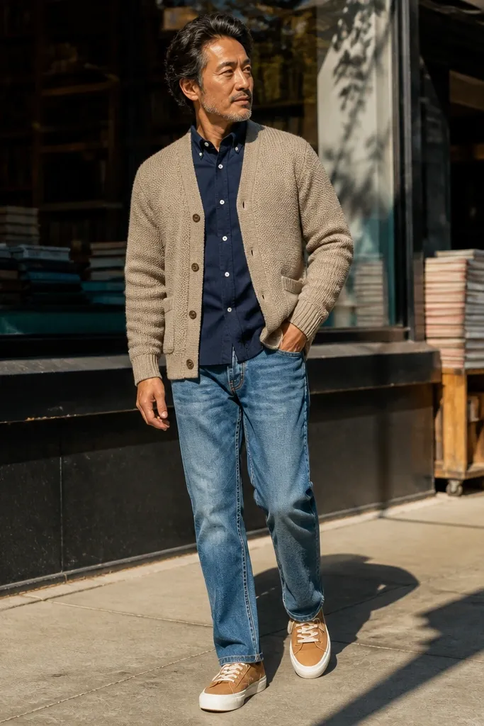 Light brown knit cardigan over a navy shirt with tan sneakers and medium-wash jeans