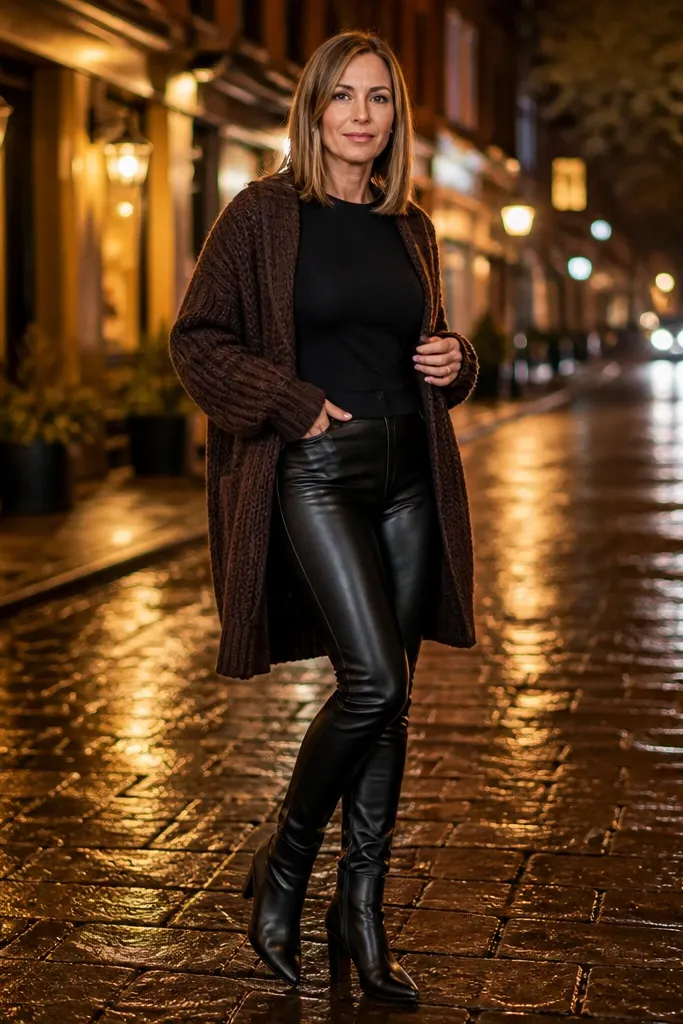 Chunky chocolate knit cardigan over black leather leggings with dark ankle boots