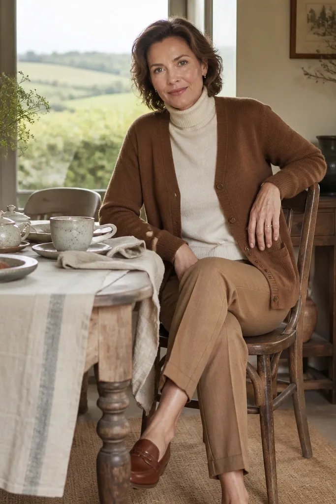 Brown knit cardigan over a cream turtleneck with camel trousers and tan loafers