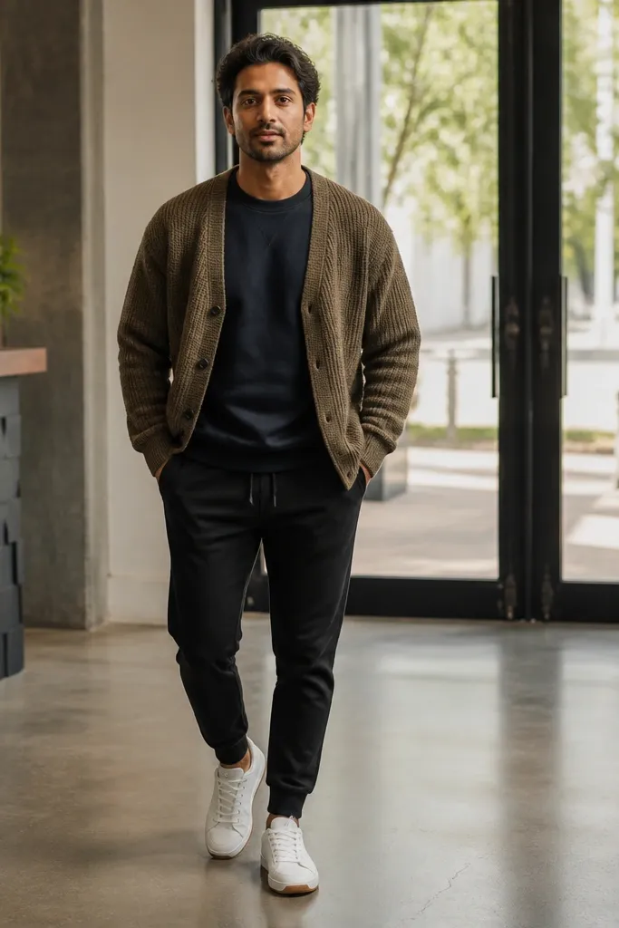 Medium brown knit cardigan over a navy sweatshirt with black joggers and white sneakers