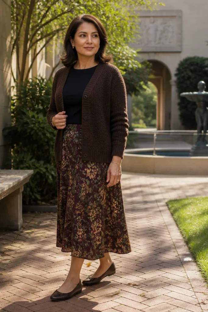 Dark brown knit cardigan over a plain black top with a floral midi skirt and brown boots