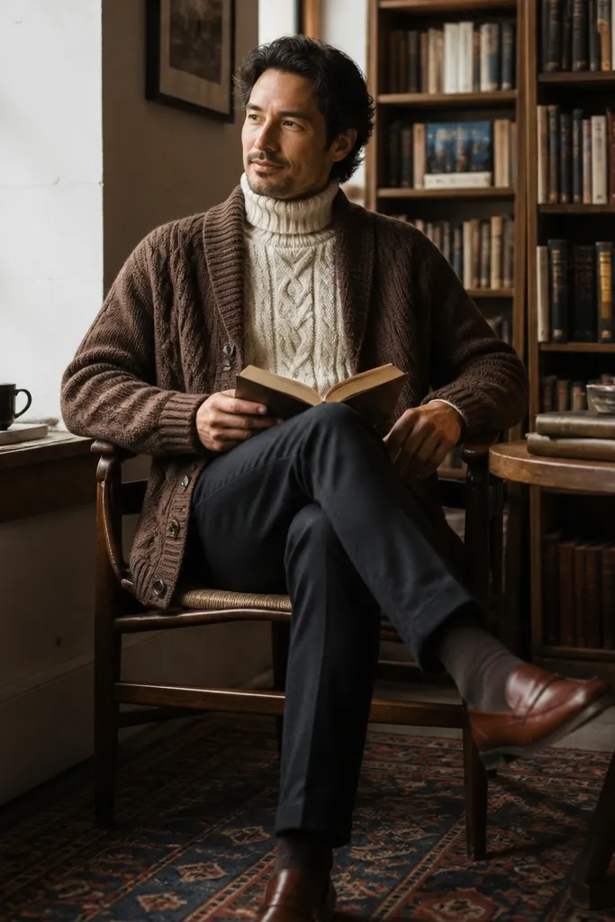 Cocoa knit cardigan over cream turtleneck with cognac loafers and dark trousers