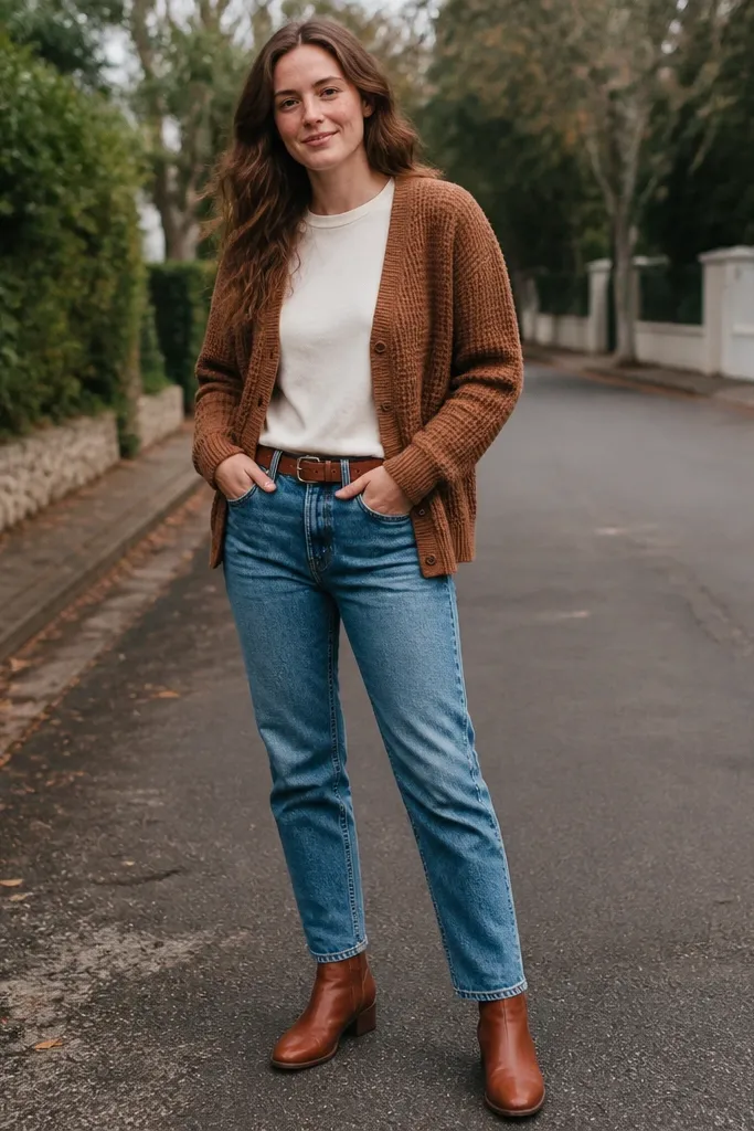 Cream tee with mid-wash jeans, brown knitted cardigan, and cognac boots