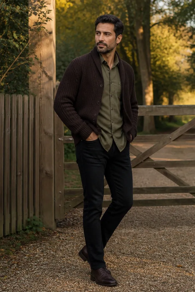 Olive button-down under dark brown cardigan with black slim jeans and loafers